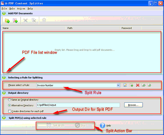 screenshot of A-PDF Content Splitter