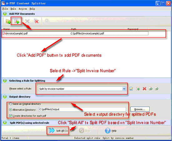 screenshot of A-PDF Content Splitter