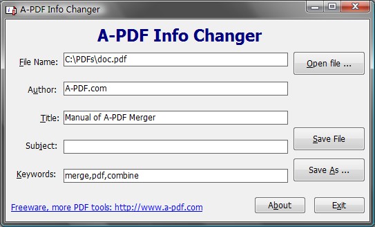 Screenshot of A-PDF INFO Changer 1.0