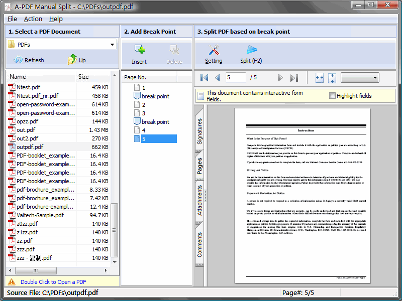 Split PDF files based on inserted break point.