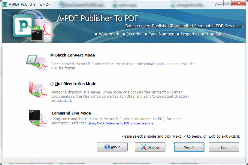 Convert MS Publisher documents to PDF files with batch.