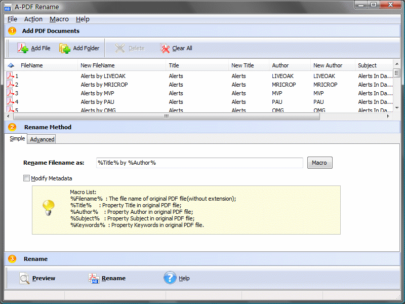 Batch rename PDF files using metadata and content.