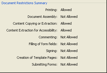 screenshot of restrictions summary in Adobe Acrobat Reader