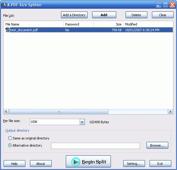 Screenshot of A-PDF Size Splitter 1.0.0