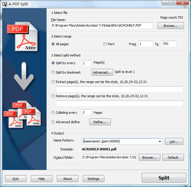 Split large Acrobat PDF files into smaller pdf files.